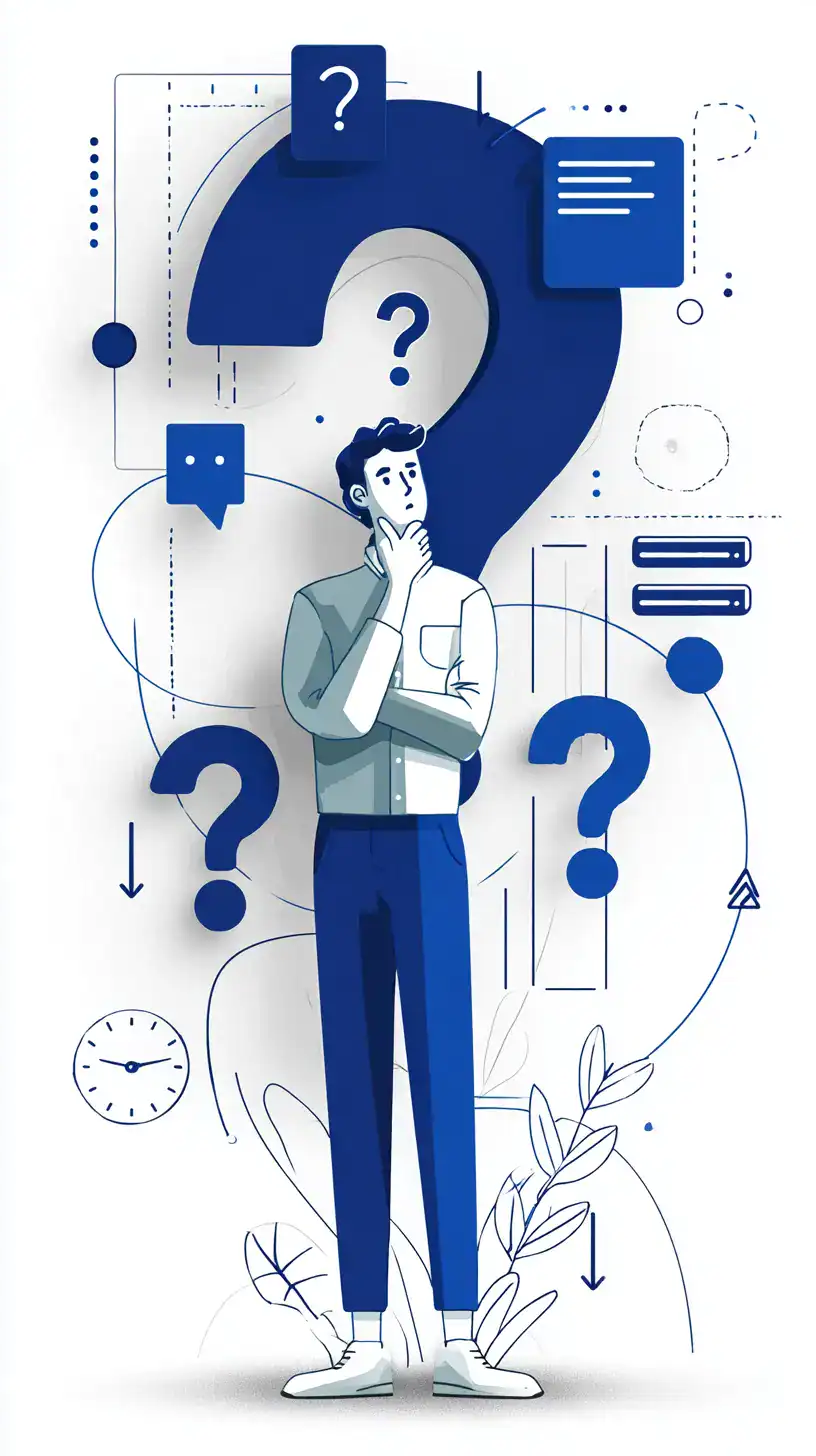 Veelgestelde vragen illustratie met een man die veel vraagtekens heeft. blueprint 8