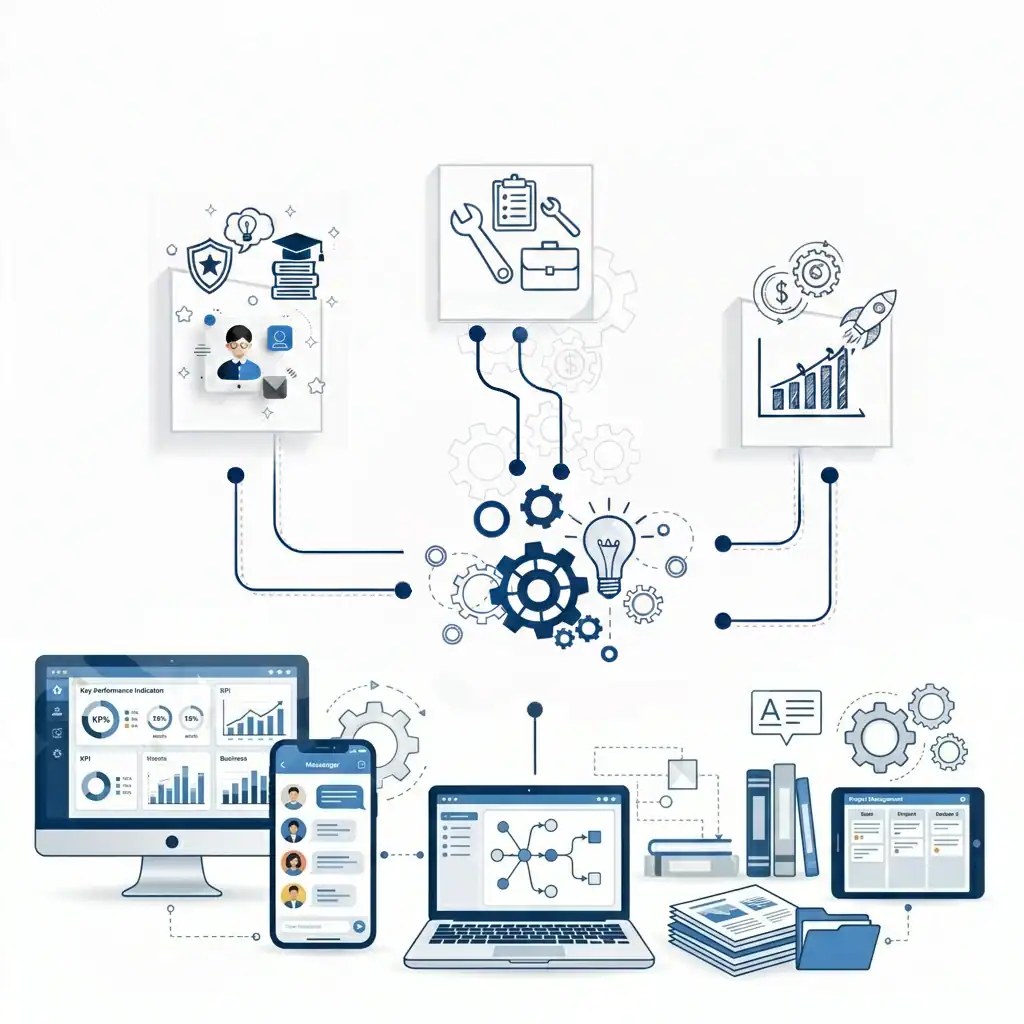 Diagram van het Blueprint 8 intakeproces in drie stappen: van kennismaking en probleemanalyse, via een op maat gemaakt plan, naar implementatie en groei. De stappen zijn verbonden via een centraal systeem van geautomatiseerde tools, waaronder dashboards, workflows, communicatie en projectbeheer.