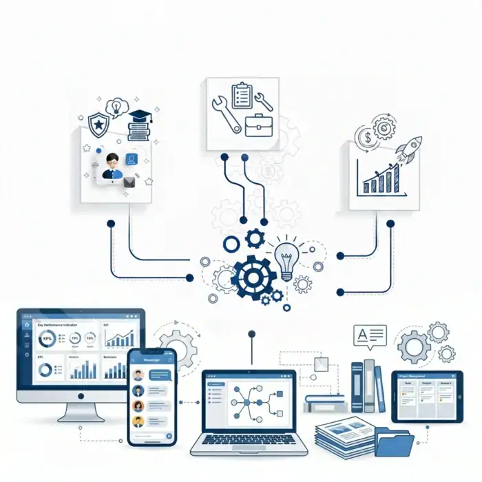 Drie bedrijfsprocessen — mensen, tools en groei — komen samen in één centraal systeem, zichtbaar als dashboards, apps en gestructureerde werkstromen op verschillende apparaten.
