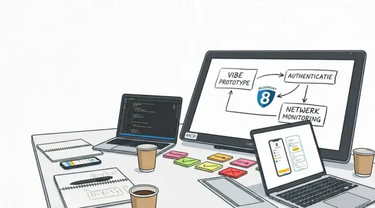 Een heldere illustratie van het vibecoding proces: een workflow die de stap laat zien van het Vibe Prototype naar technische authenticatie en real-time netwerk monitoring op een digitale tekentablet.