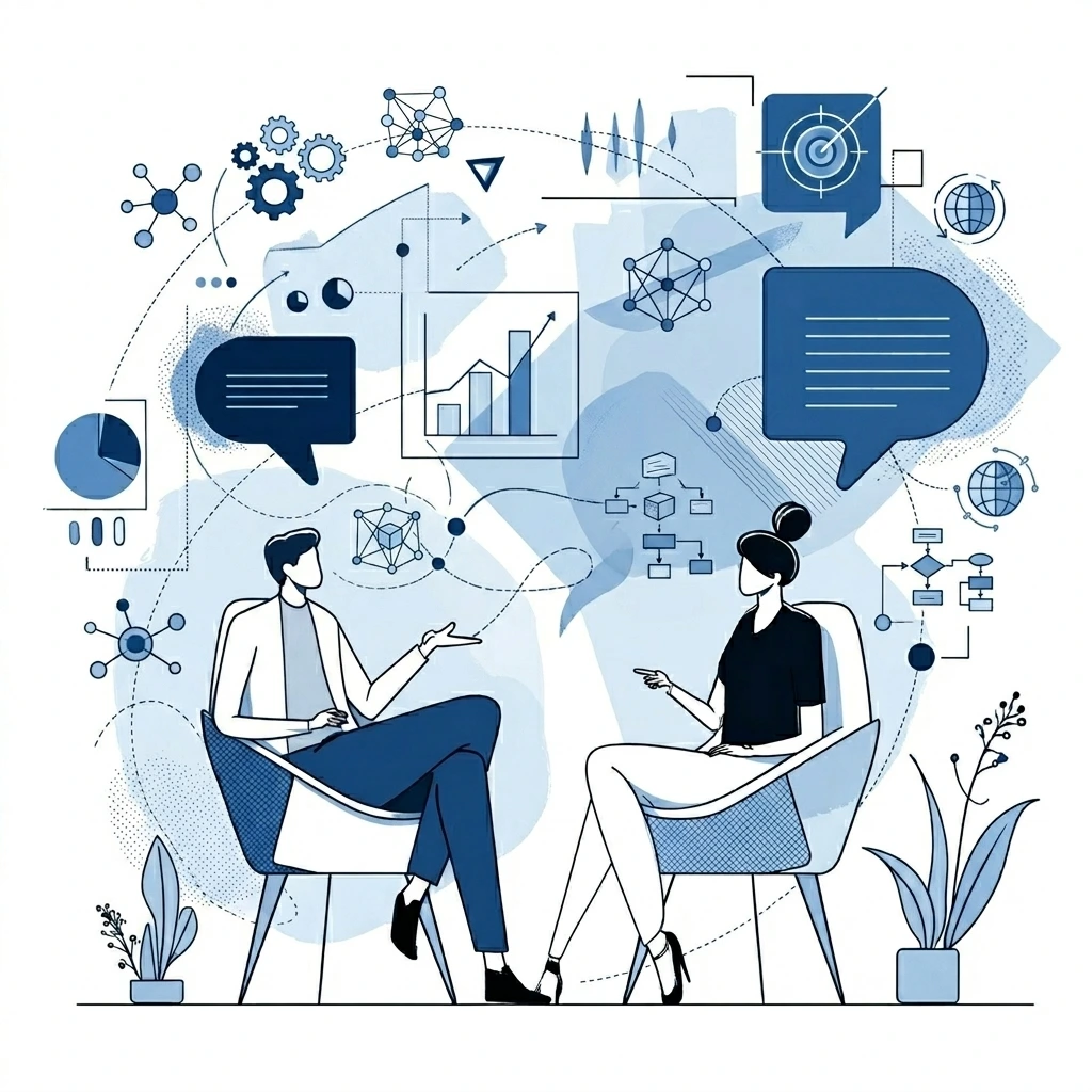 illustratie van een technisch kennismakingsgesprek. Voor processautomatisering, bouwen van een app of het maken van een website