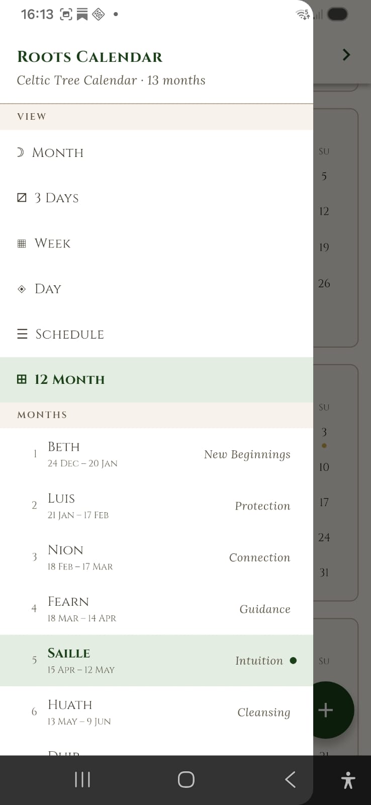 Menu
Zijmenu van Roots Calendar met navigatie naar alle 13 Keltische maanden, de huidige maand gemarkeerd in groen, en bovenaan de keuze tussen maand-, week-, dag-, 3-dagen- en scheduleweergave.