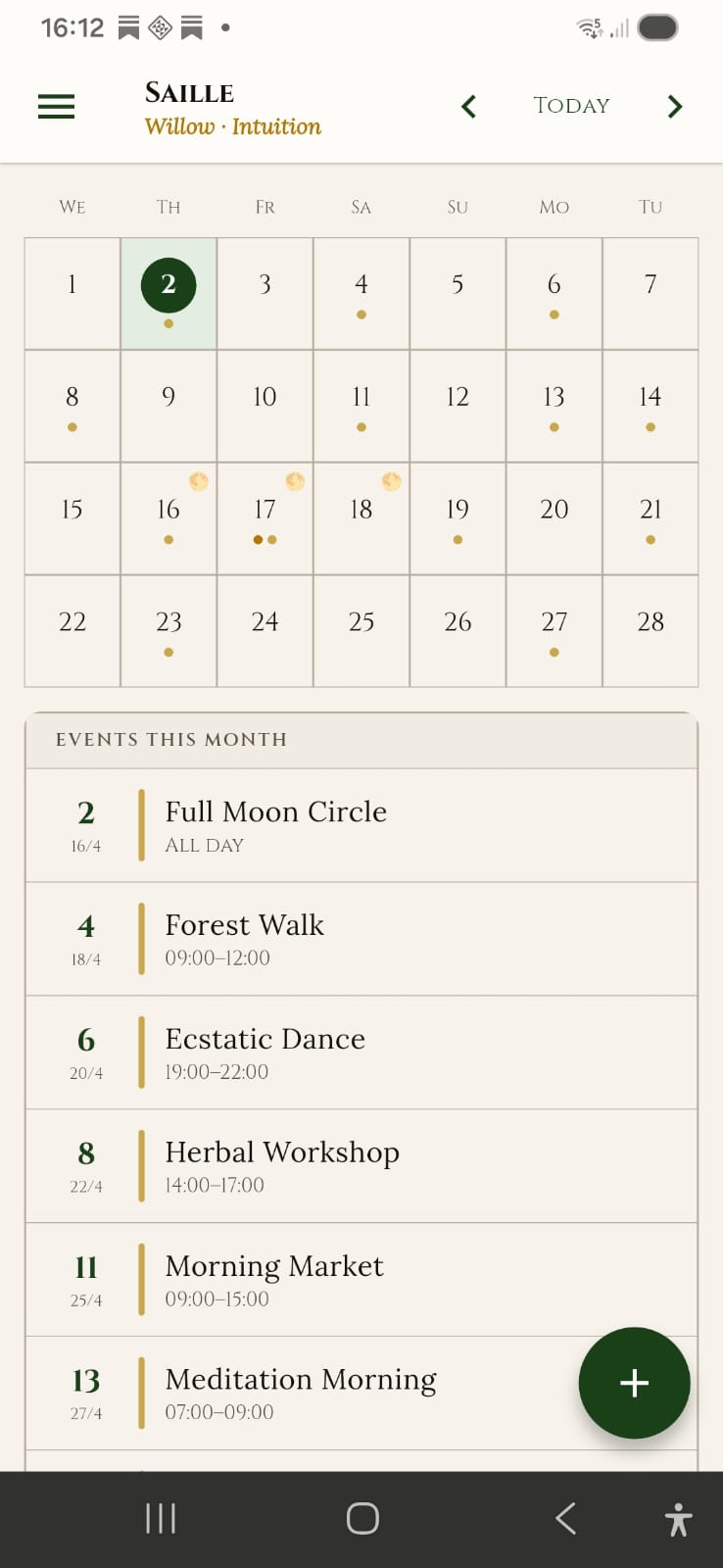 Maandweergave
Roots Calendar maandweergave 28 dagen in een 7-kolomsraster met kleurstipjes voor events en de huidige dag gemarkeerd in bosgroen.