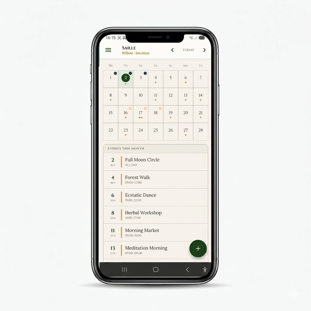 foto van de roots calendar mobiele app op een android telefoon