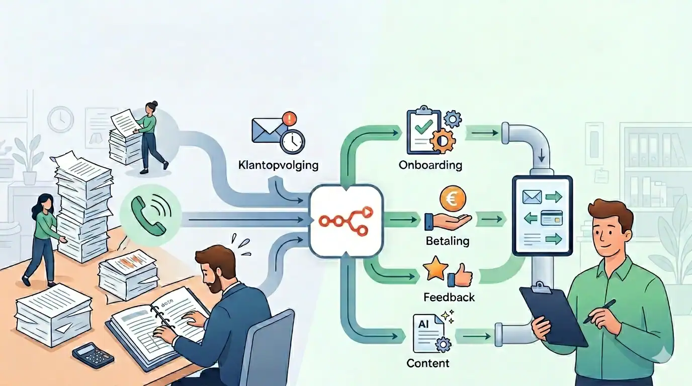 Een illustratie die de overgang toont van handmatig papierwerk naar geautomatiseerde processen met n8n, inclusief klantopvolging, onboarding, betalingen, feedback en contentcreatie voor MKB-ondernemers.