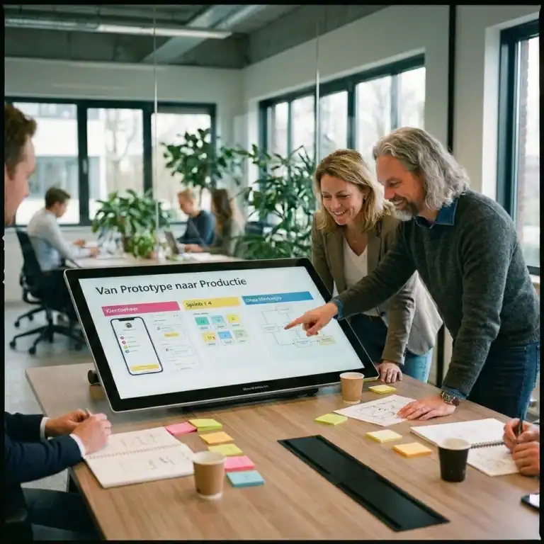 Een team bij een modern Nederlands MKB-bedrijf werkt samen aan een software prototype op een groot touchscreen tijdens een sprint-meeting.