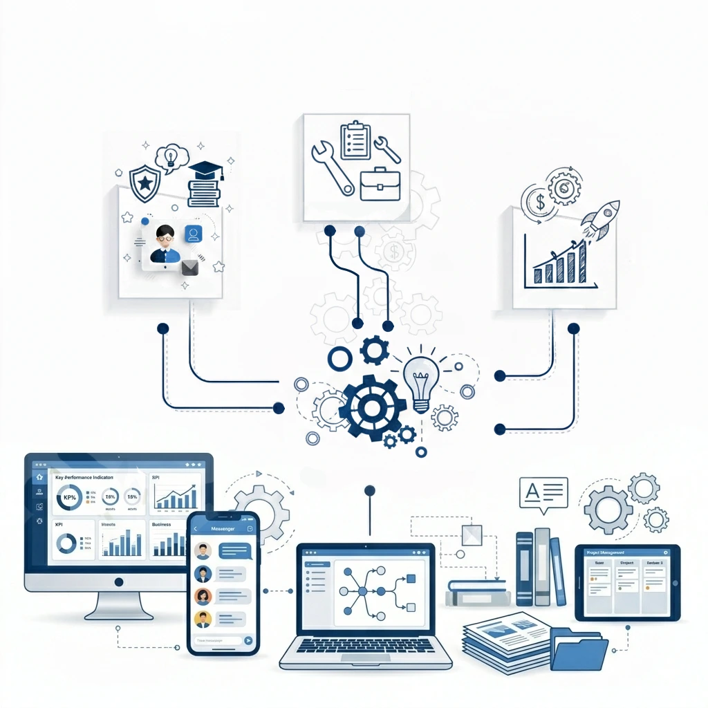 Illustratie van verschillende softwarekoppelingen en samenwerkende systemen in een maatwerk app omgeving.
