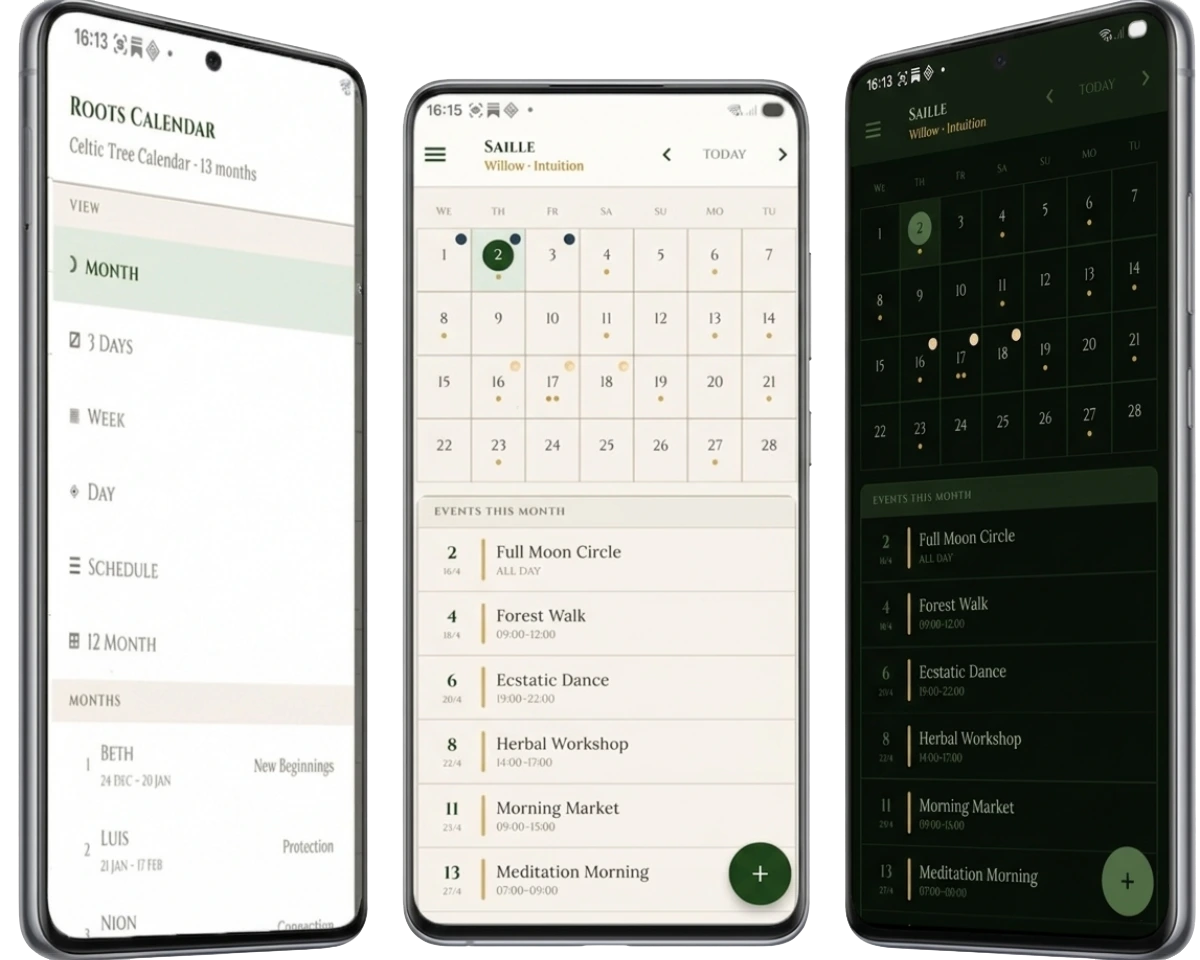Drie screenshots van de Roots Calendar app op een smartphone, tonen de unieke interface voor het combineren van kalender-data.
