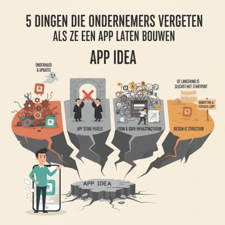 Infographic toont 5 veelgemaakte fouten bij app-ontwikkeling: onderhoud, app store regels, login infrastructuur en design