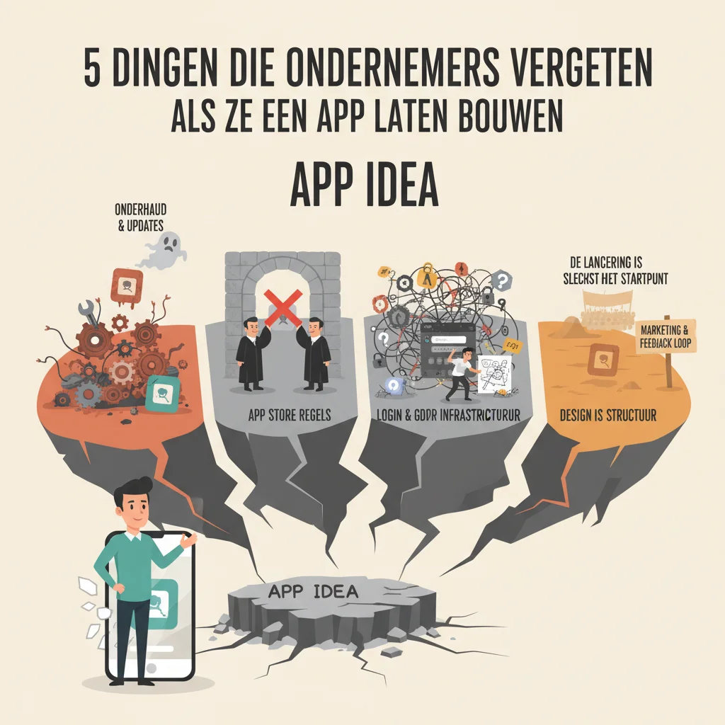 Infographic toont 5 veelgemaakte fouten bij app-ontwikkeling: onderhoud, app store regels, login infrastructuur en design