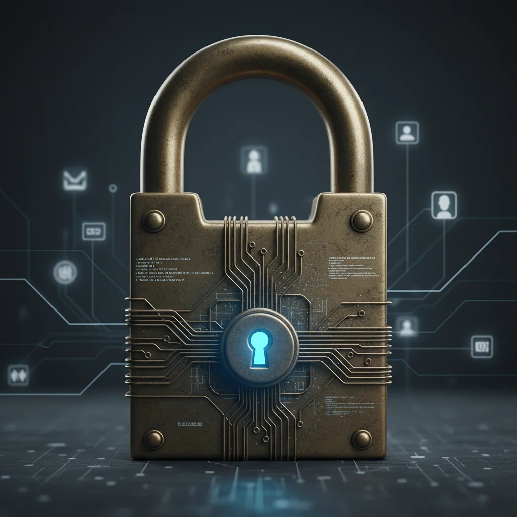 Digitaal hangslot met elektronische circuits en blauw verlicht sleutelgat symboliseert cybersecurity