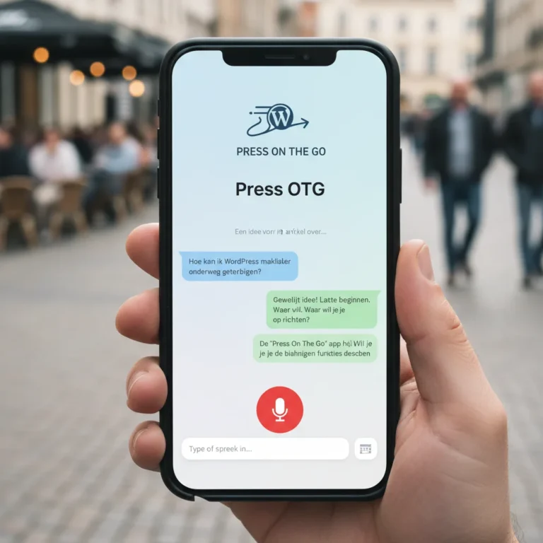 Smartphone met Press OTG WordPress chat-app in gebruik op straat met spraakfunctie