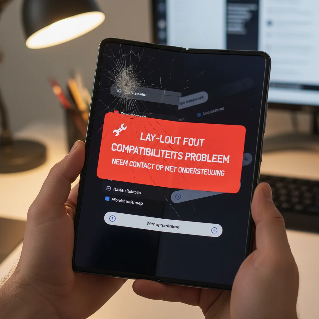Tablet met gebroken scherm toont rode foutmelding over lay-out compatibiliteitsprobleem